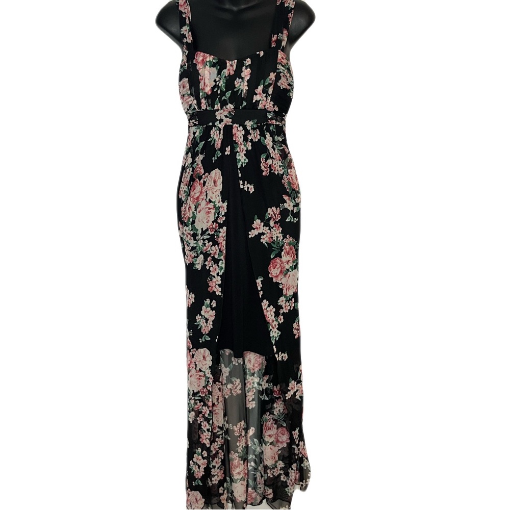 Connected Apparel Floral Maxi Overlay Dress in Black and Pink